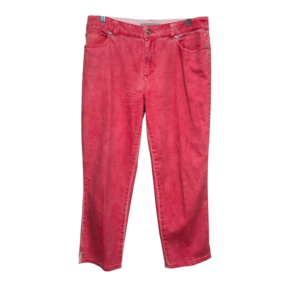 Chicos Platinum Denim Ultimate Fit Capri Jeans Coral Red Rhinestone Pockets 1 M